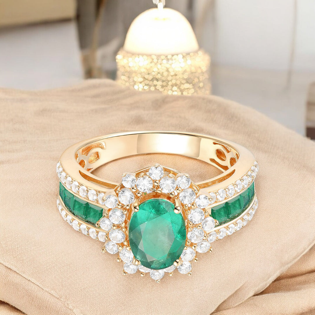 Genuine 14K Yellow Gold Oval Emerald and Diamond Statement Ring