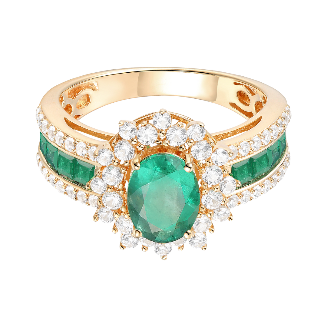 Genuine 14K Yellow Gold Oval Emerald and Diamond Statement Ring