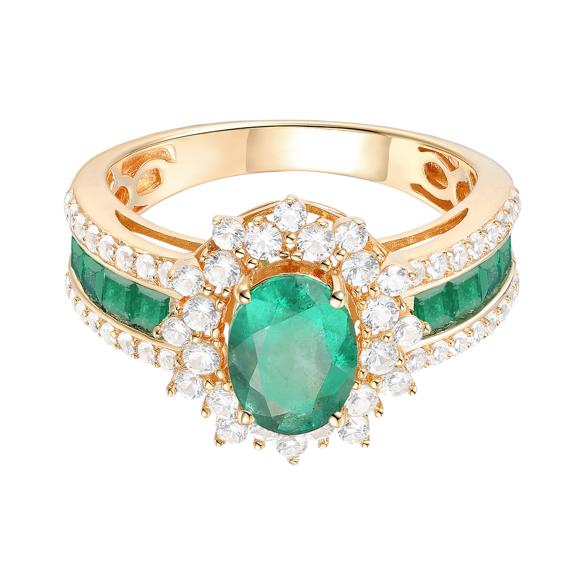 Genuine 14K Yellow Gold Oval Emerald and Diamond Statement Ring