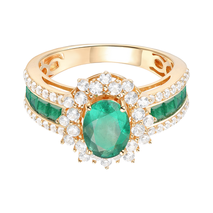 Genuine 14K Yellow Gold Oval Emerald and Diamond Statement Ring