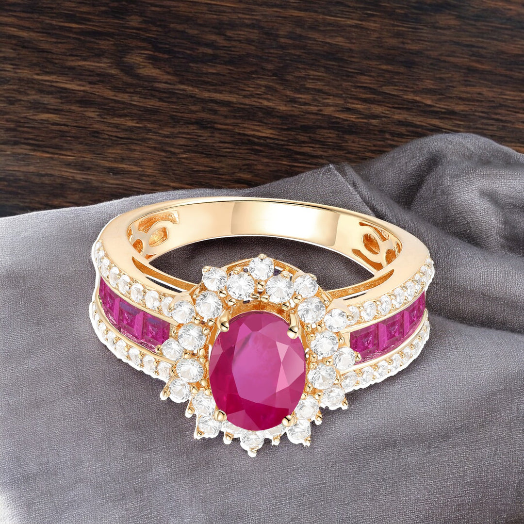 Genuine 14K Yellow Gold Oval Ruby and Diamond Statement Ring