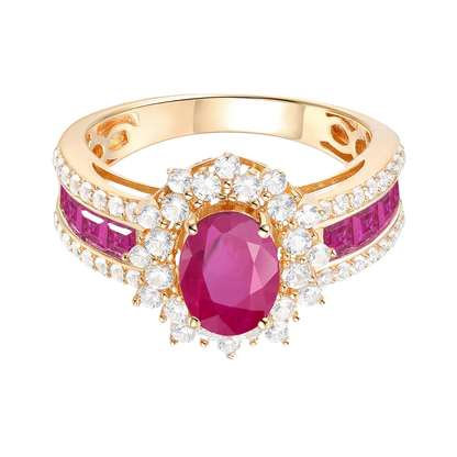 Genuine 14K Yellow Gold Oval Ruby and Diamond Statement Ring