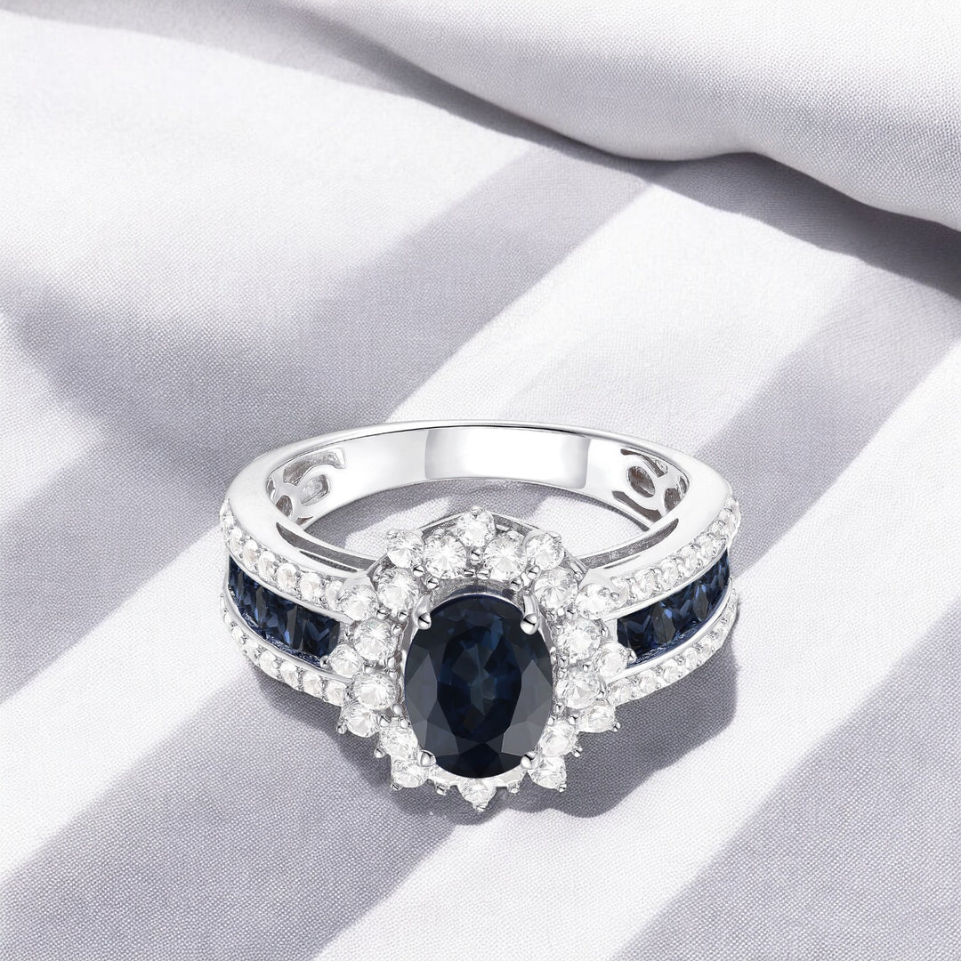 Genuine 14K White Gold Oval Sapphire and Diamond Statement Ring