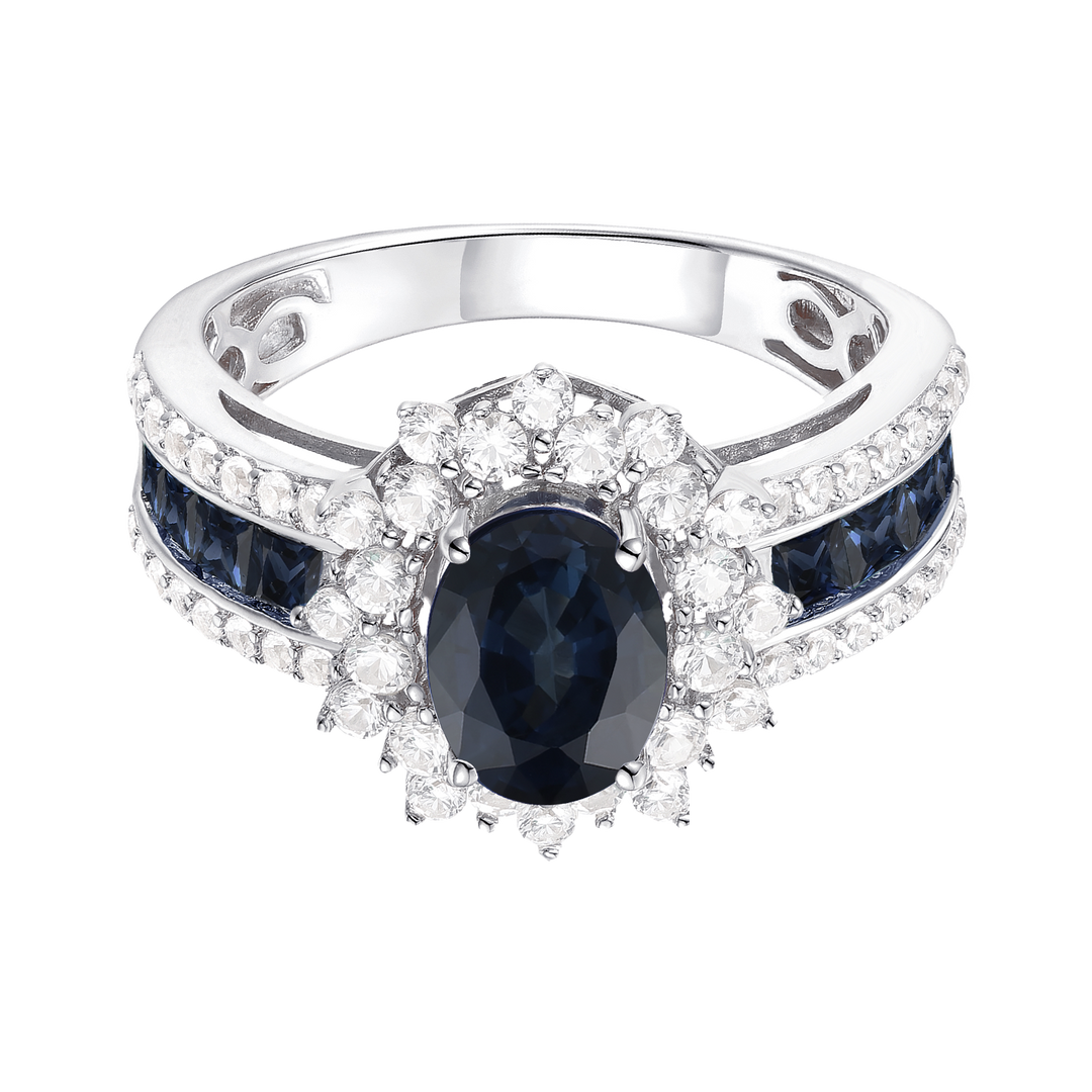 Genuine 14K White Gold Oval Sapphire and Diamond Statement Ring