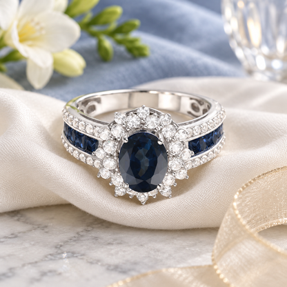 Genuine 14K White Gold Oval Sapphire and Diamond Statement Ring