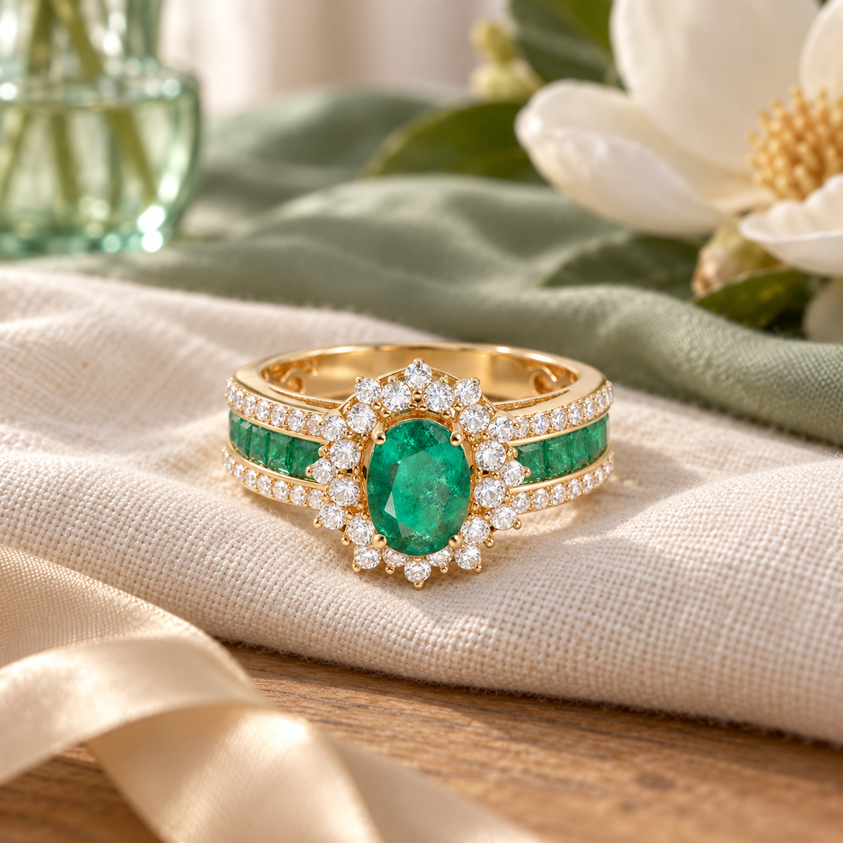Genuine 14K Yellow Gold Oval Emerald and Diamond Statement Ring