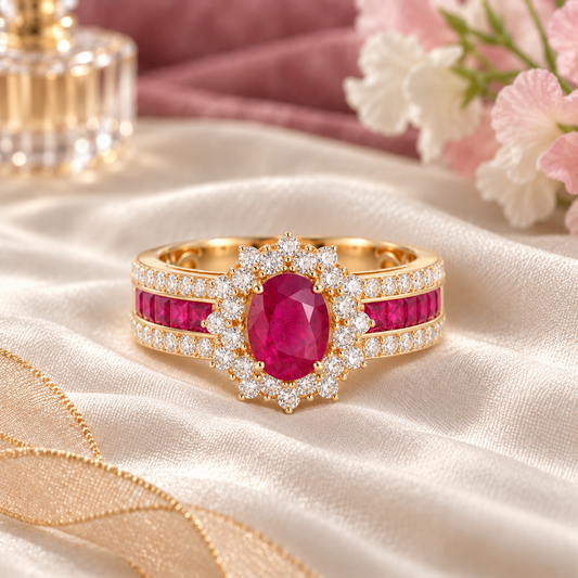 Genuine 14K Yellow Gold Oval Ruby and Diamond Statement Ring