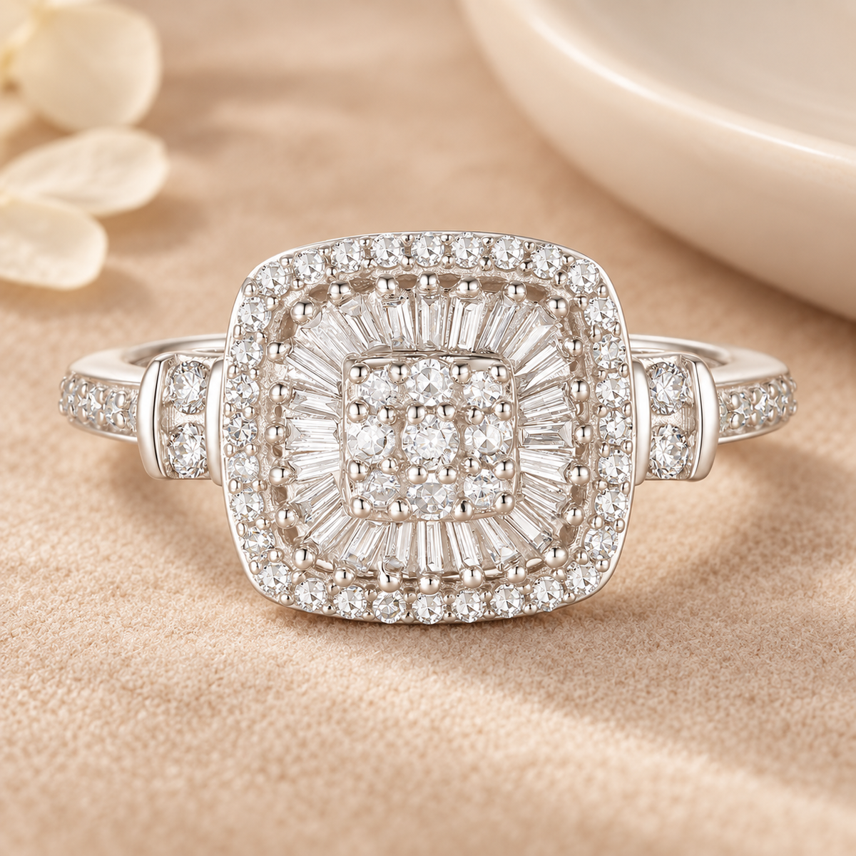 Elegant 75-Diamond Cushion Shape Ring with Round and Baguette Cut, 14K Gold Options (1/2 cttw, I-J, I2-I3)