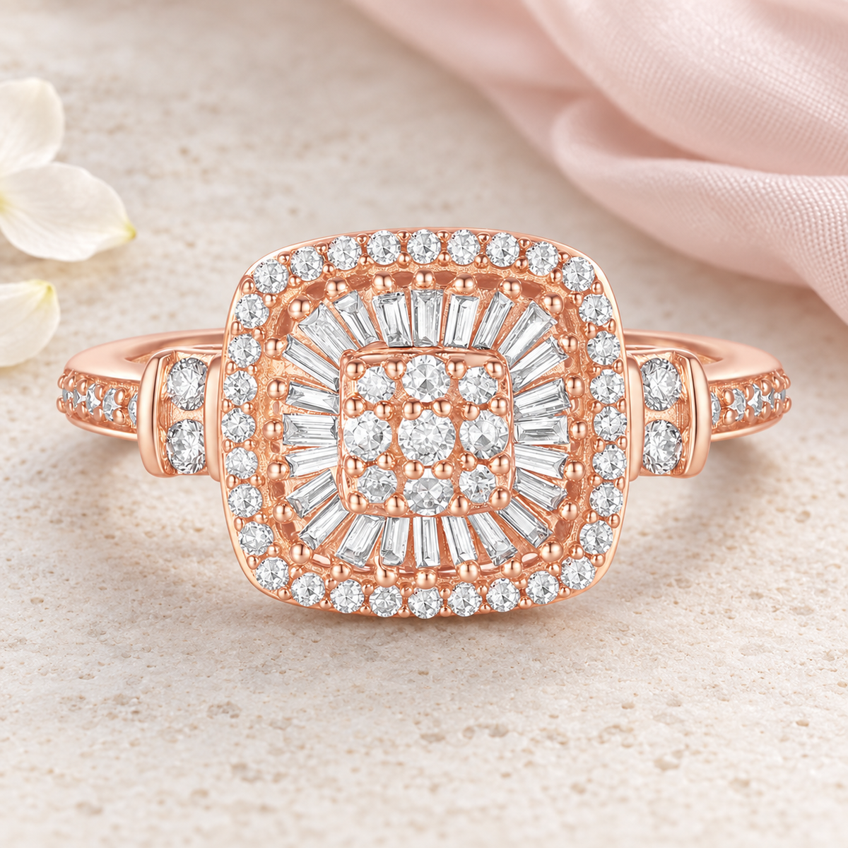 Elegant 75-Diamond Cushion Shape Ring with Round and Baguette Cut, 14K Gold Options (1/2 cttw, I-J, I2-I3)