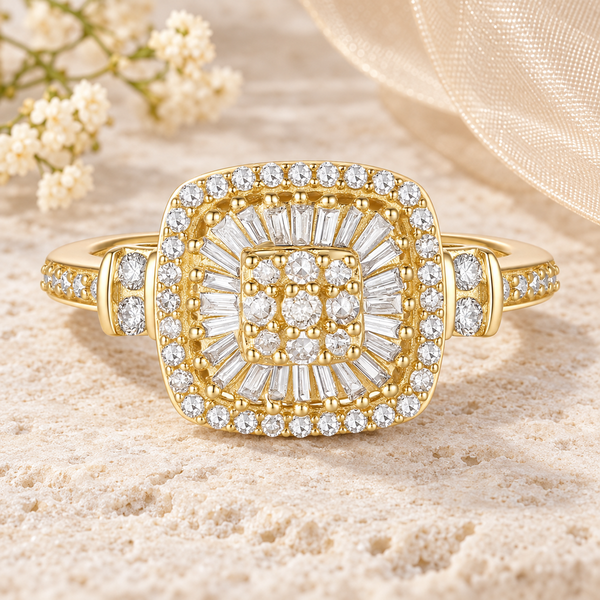 Elegant 75-Diamond Cushion Shape Ring with Round and Baguette Cut, 14K Gold Options (1/2 cttw, I-J, I2-I3)
