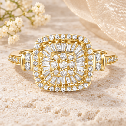 Elegant 75-Diamond Cushion Shape Ring with Round and Baguette Cut, 14K Gold Options (1/2 cttw, I-J, I2-I3)