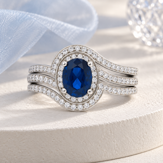 Sterling Silver Lab Created Blue & White Sapphire Oval Ring