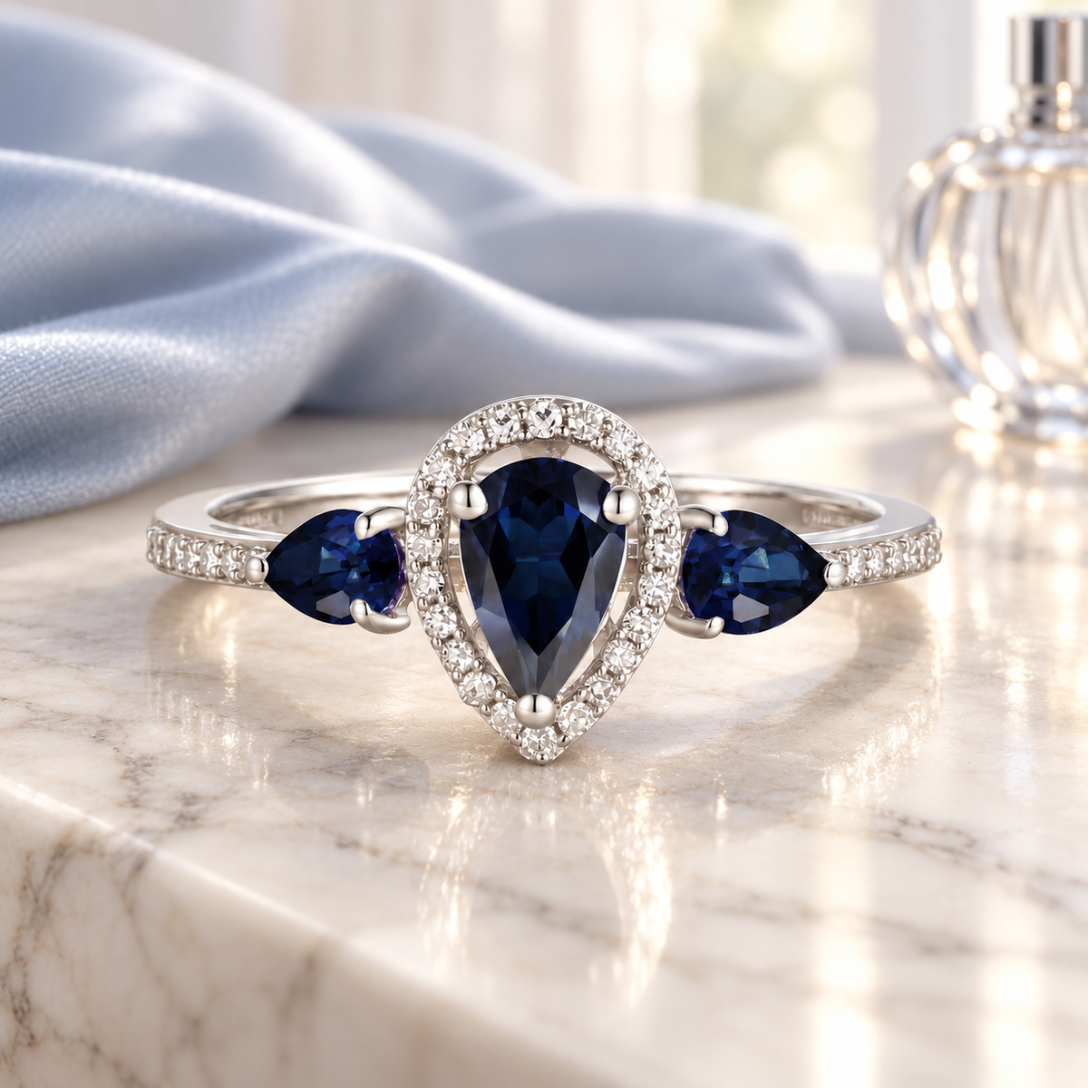 10K Genuine Sapphire & 1/10 ct tw Diamond 3-Stone Pear Ring