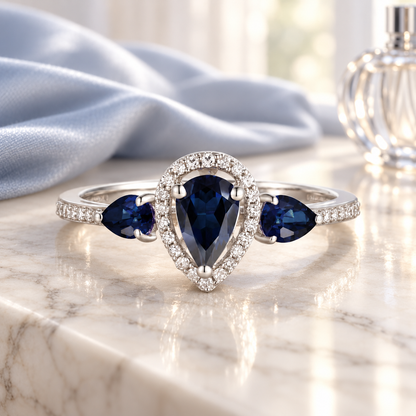 10K Genuine Sapphire & 1/10 ct tw Diamond 3-Stone Pear Ring