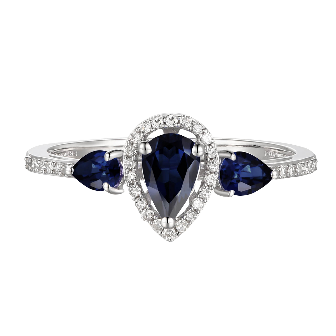 10K Genuine Sapphire & 1/10 ct tw Diamond 3-Stone Pear Ring