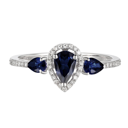 10K Genuine Sapphire & 1/10 ct tw Diamond 3-Stone Pear Ring
