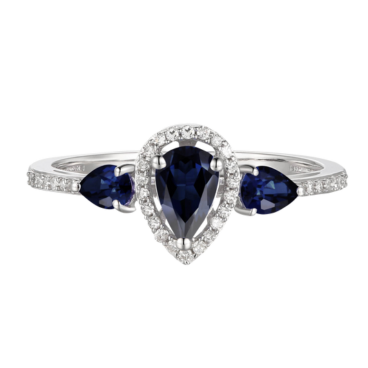 10K Genuine Sapphire & 1/10 ct tw Diamond 3-Stone Pear Ring