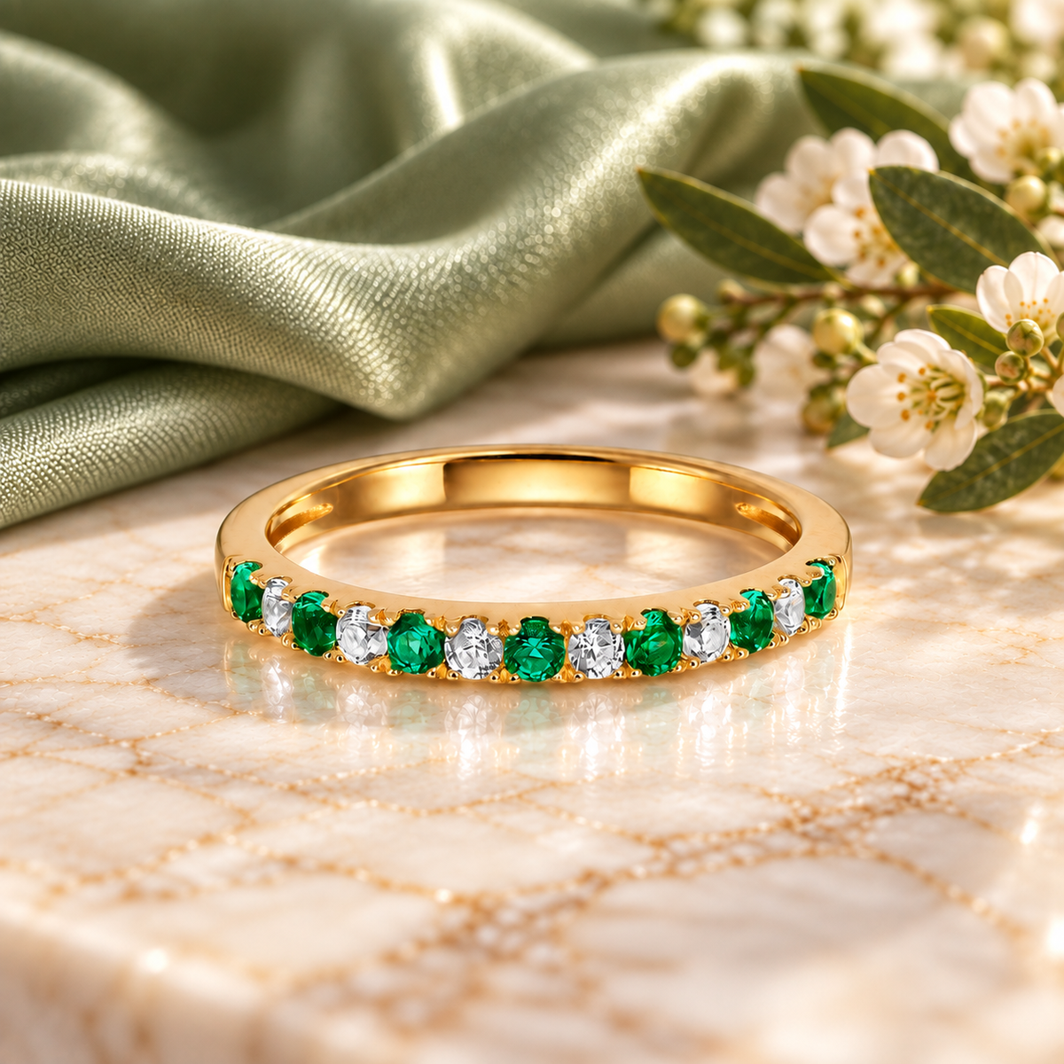 10K Genuine Gemstone & 1/6 ct tw Diamond Alternating Band Ring
