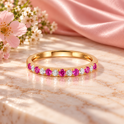 10K Genuine Gemstone & 1/6 ct tw Diamond Alternating Band Ring