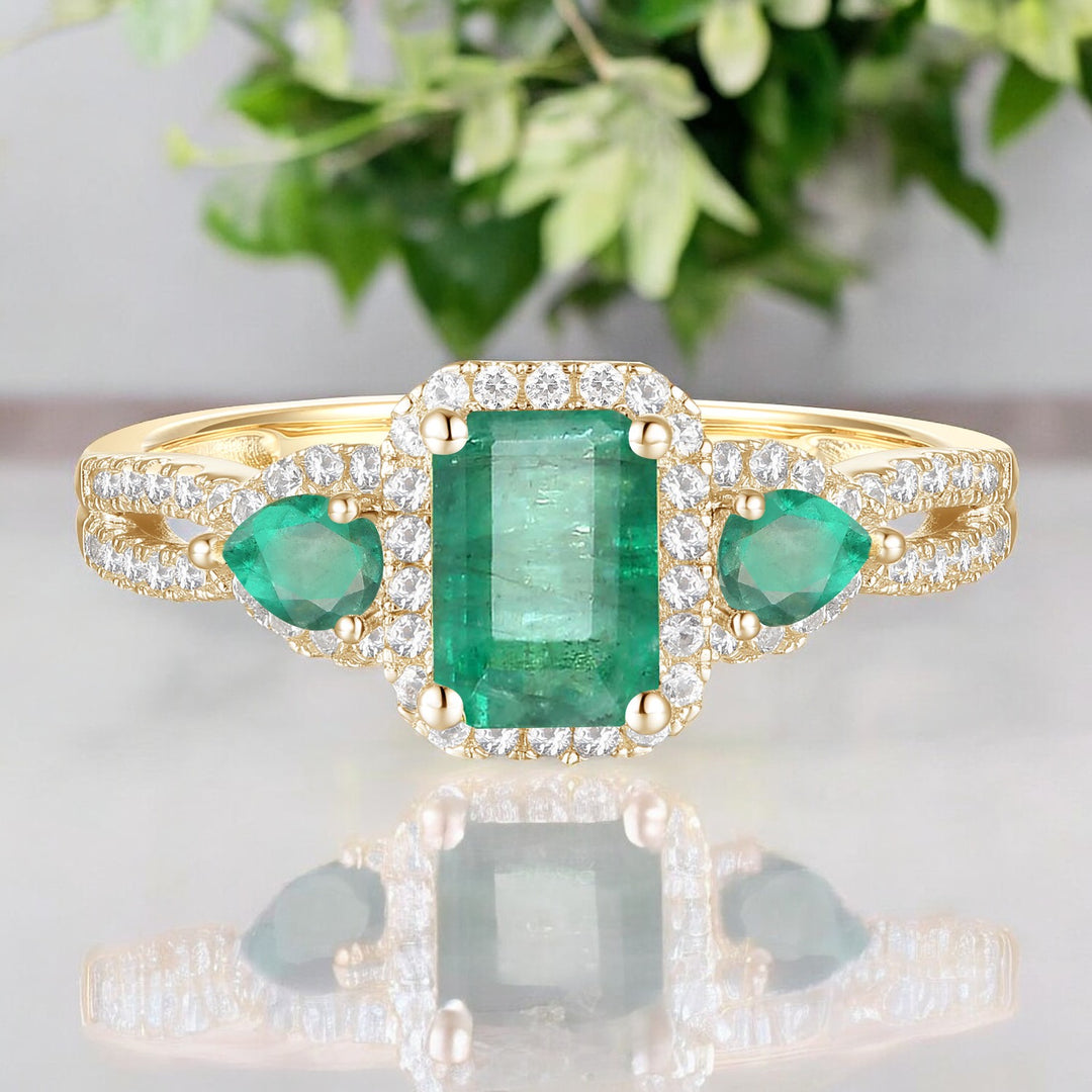 10K Genuine Gemstone & 1/3 ct tw Diamond Emerald Cut 3-Stone Ring