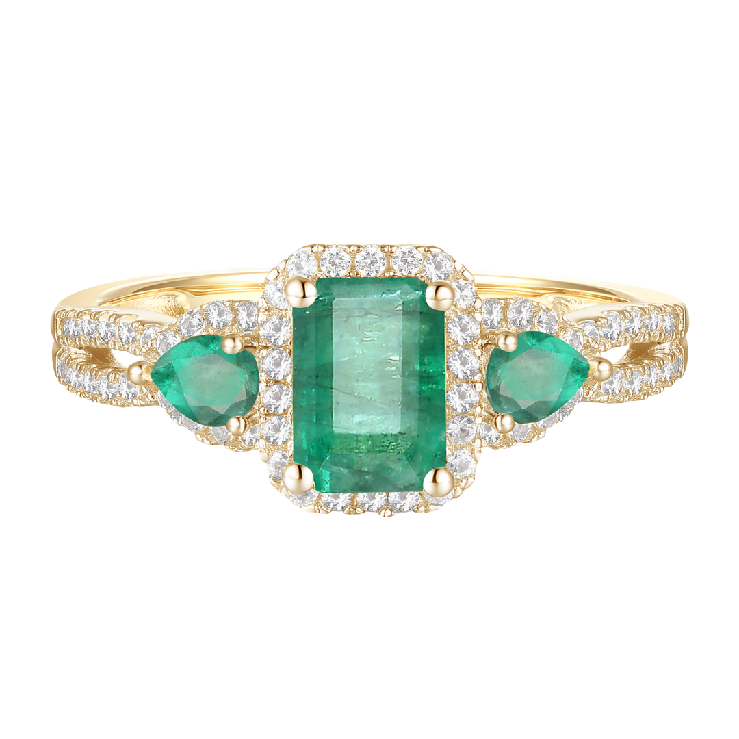 10K Genuine Gemstone & 1/3 ct tw Diamond Emerald Cut 3-Stone Ring