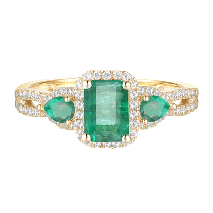 10K Genuine Gemstone & 1/3 ct tw Diamond Emerald Cut 3-Stone Ring