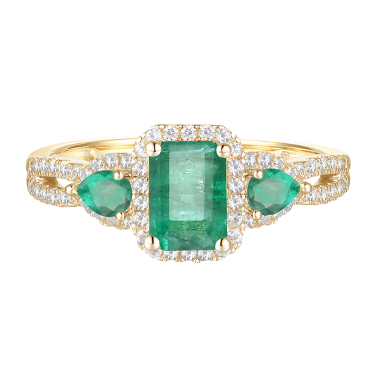 10K Genuine Gemstone & 1/3 ct tw Diamond Emerald Cut 3-Stone Ring