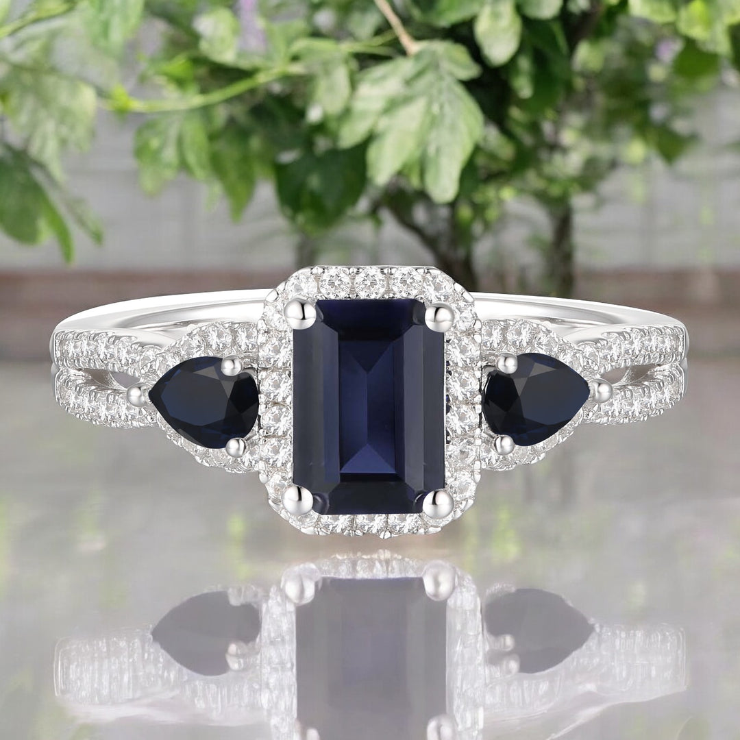 10K Genuine Gemstone & 1/3 ct tw Diamond Emerald Cut 3-Stone Ring