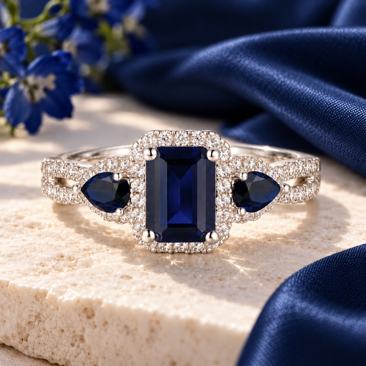 10K Genuine Gemstone & 1/3 ct tw Diamond Emerald Cut 3-Stone Ring