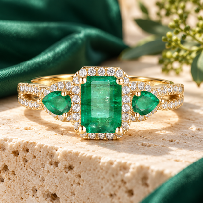 10K Genuine Gemstone & 1/3 ct tw Diamond Emerald Cut 3-Stone Ring