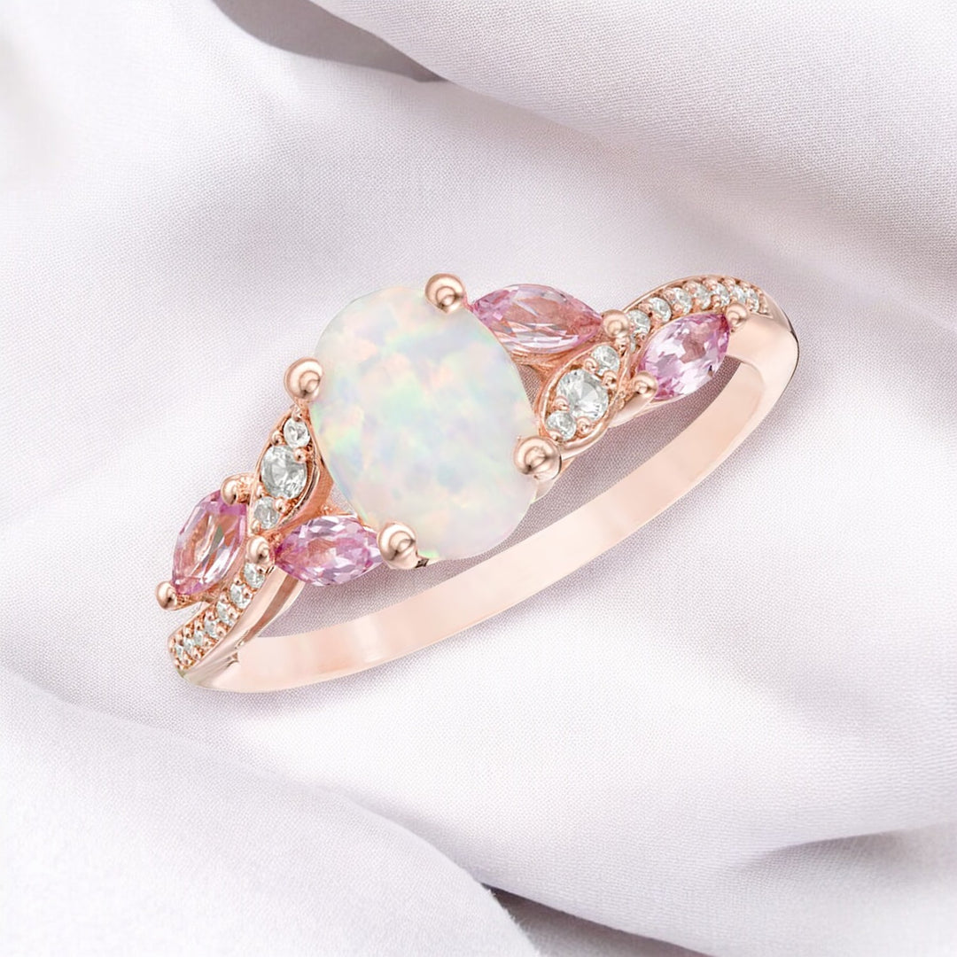 14K Rose Gold over Sterling Silver Lab Created Opal and Pink Sapphire Ring