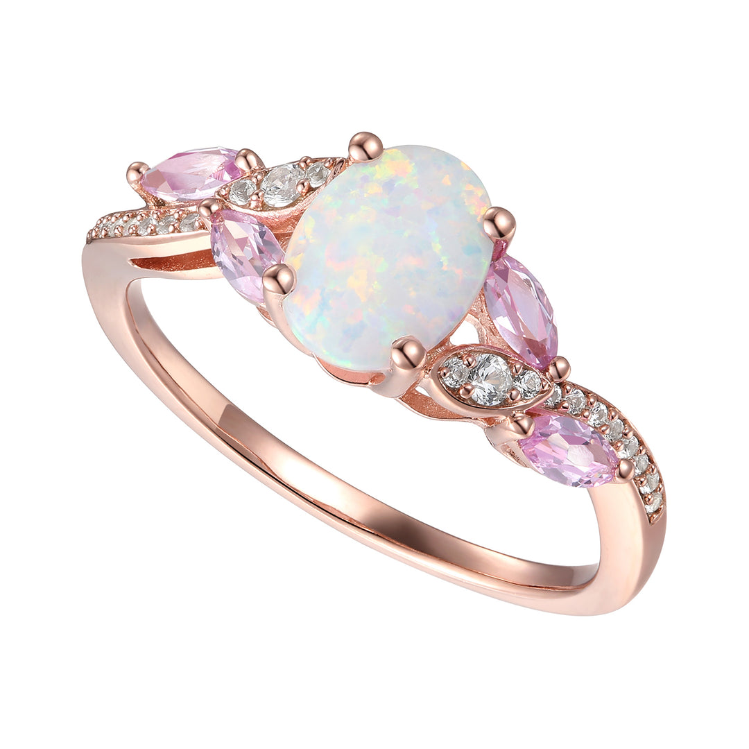 14K Rose Gold over Sterling Silver Lab Created Opal and Pink Sapphire Ring