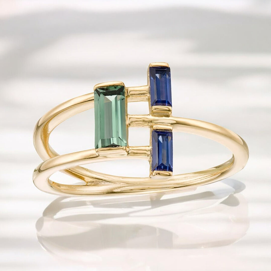 14K Yellow Gold over Sterling Silver Lab Created Blue and Green Sapphire Ring