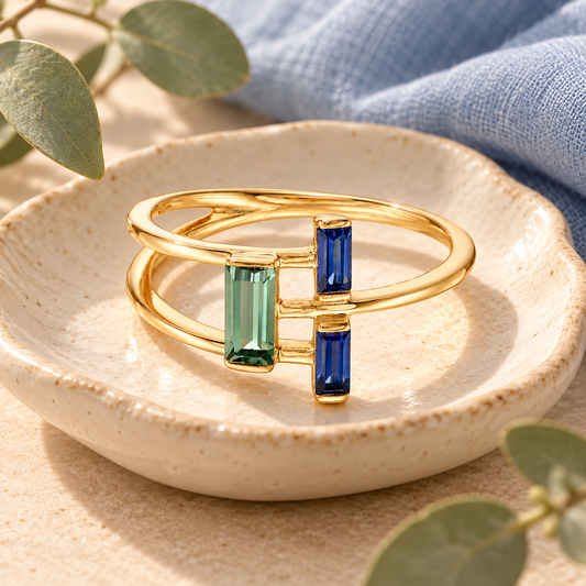 14K Yellow Gold over Sterling Silver Lab Created Blue and Green Sapphire Ring - view 2
