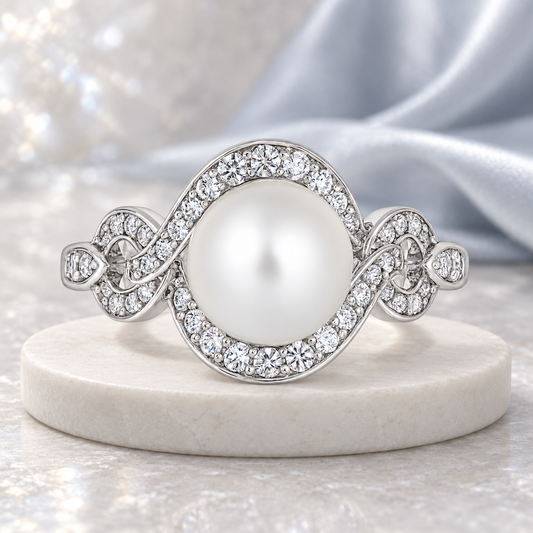 Sterling Silver Cultured Freshwater Pearl & Lab Created White Sapphire Ring
