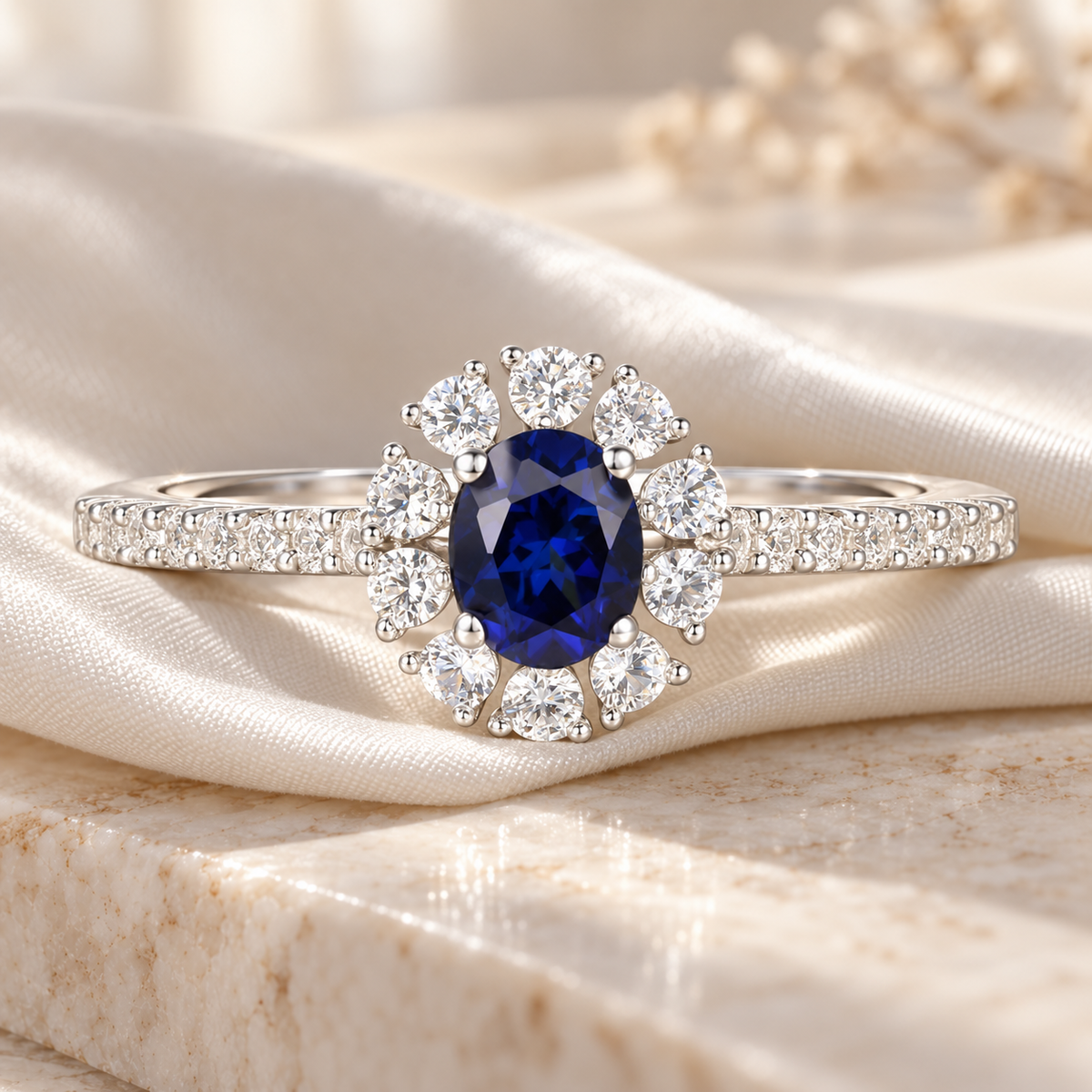 10K Genuine Gemstone & 1/3 ct tw Diamond Oval Halo Ring