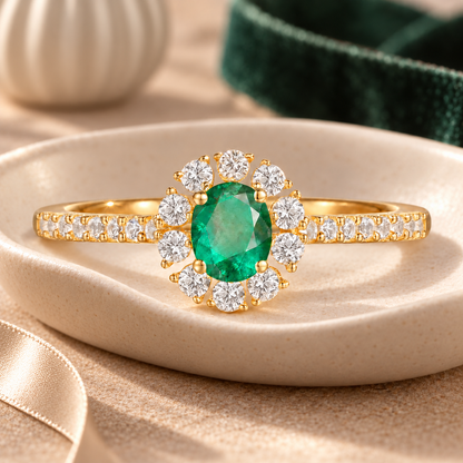 10K Genuine Gemstone & 1/3 ct tw Diamond Oval Halo Ring