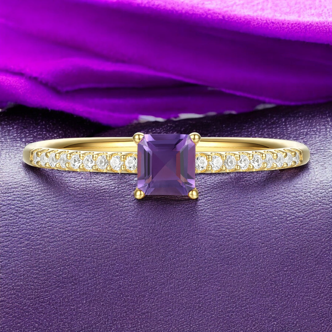 Sterling Silver Square Cut Gemstone and Diamond Accent Solitaire Ring