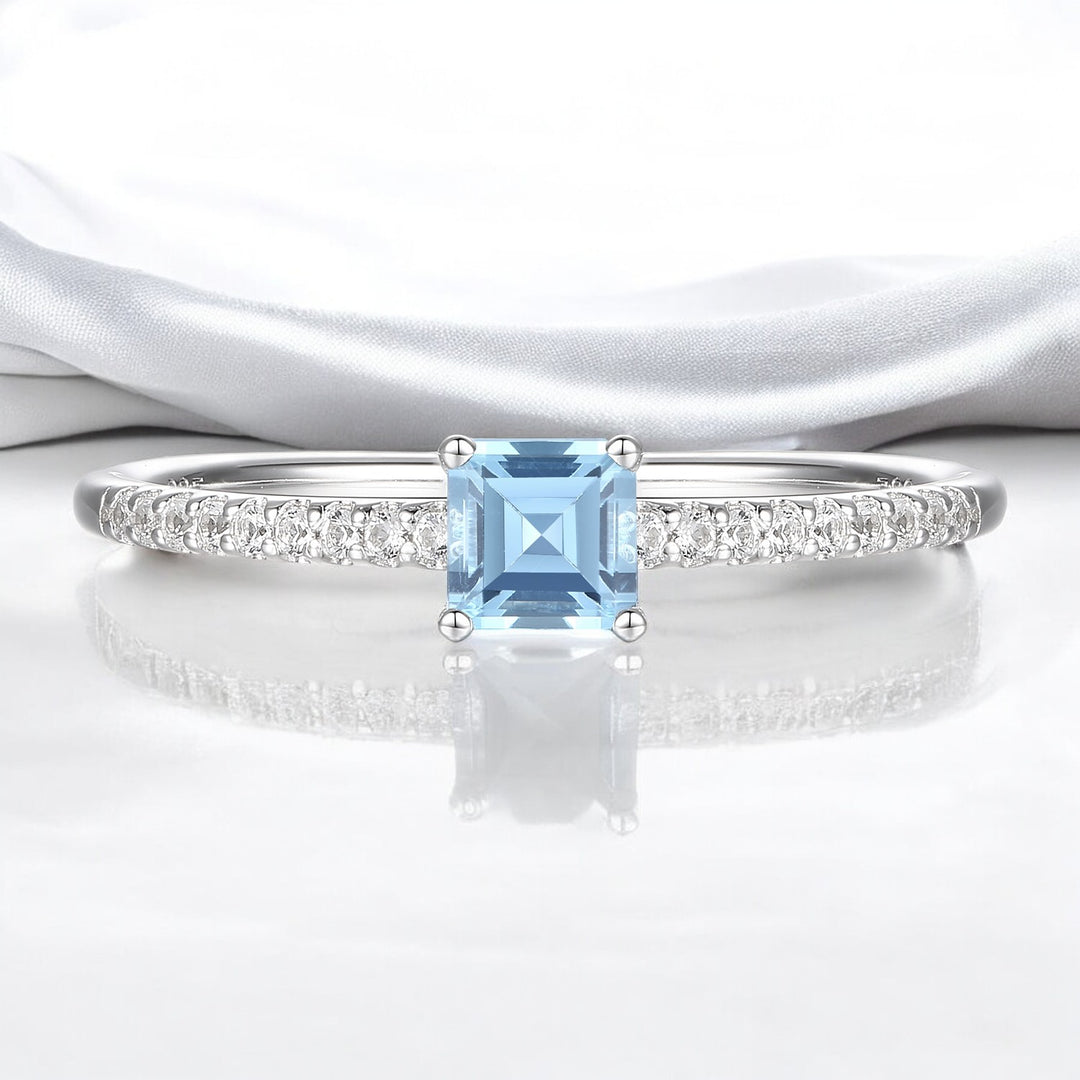 Sterling Silver Square Cut Gemstone and Diamond Accent Solitaire Ring