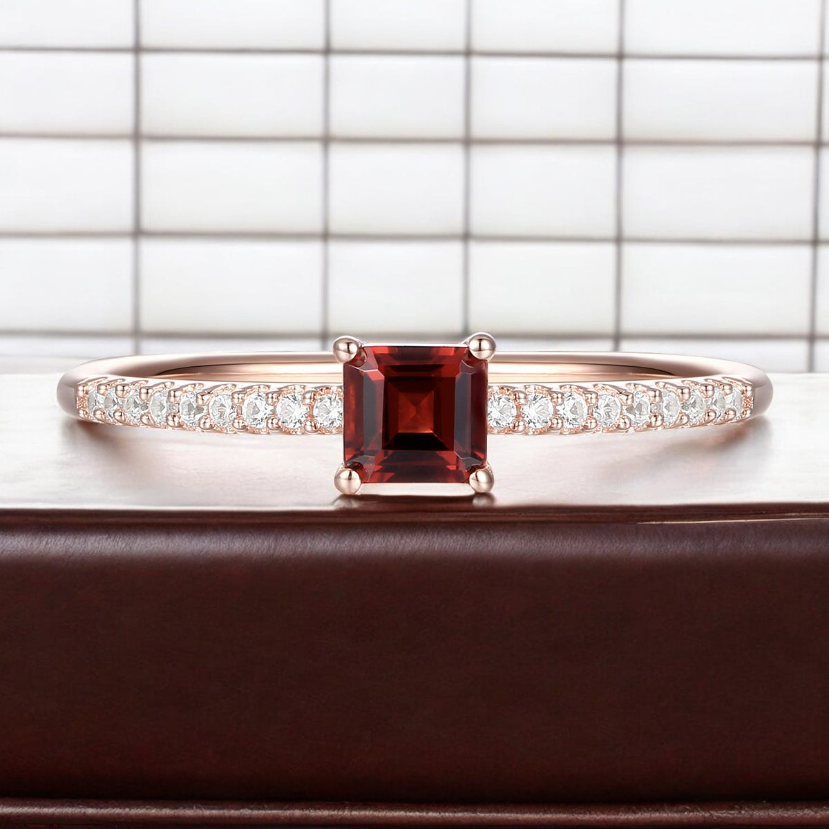 Sterling Silver Square Cut Gemstone and Diamond Accent Solitaire Ring