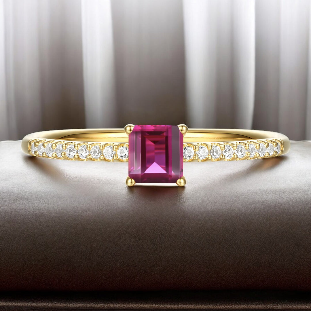 Sterling Silver Square Cut Gemstone and Diamond Accent Solitaire Ring