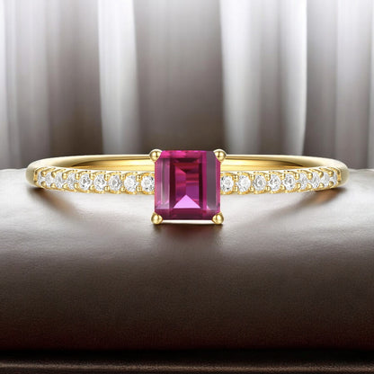 Sterling Silver Square Cut Gemstone and Diamond Accent Solitaire Ring