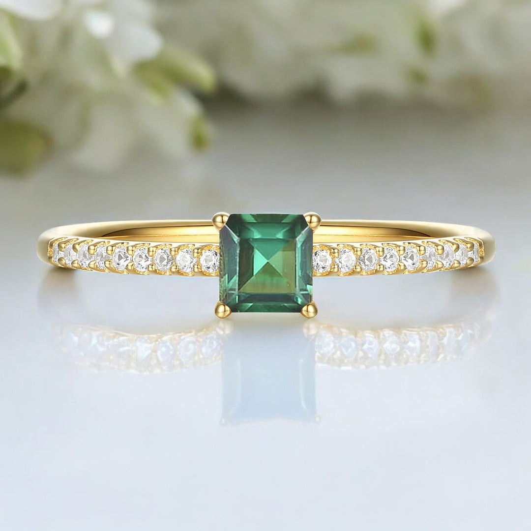 Sterling Silver Square Cut Gemstone and Diamond Accent Solitaire Ring