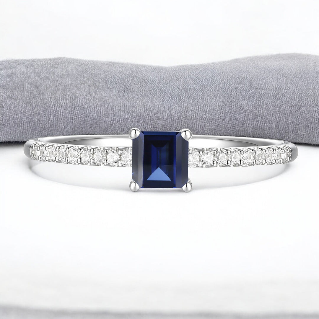 Sterling Silver Square Cut Gemstone and Diamond Accent Solitaire Ring