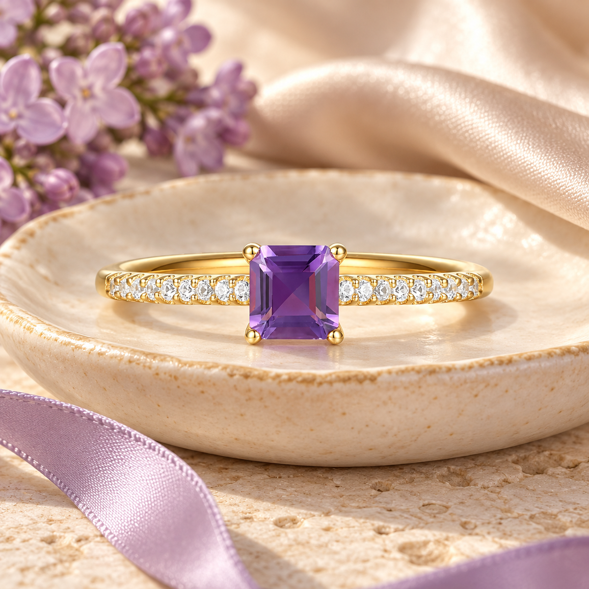Sterling Silver Square Cut Gemstone and Diamond Accent Solitaire Ring - view 11