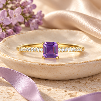 Sterling Silver Square Cut Gemstone and Diamond Accent Solitaire Ring - view 11