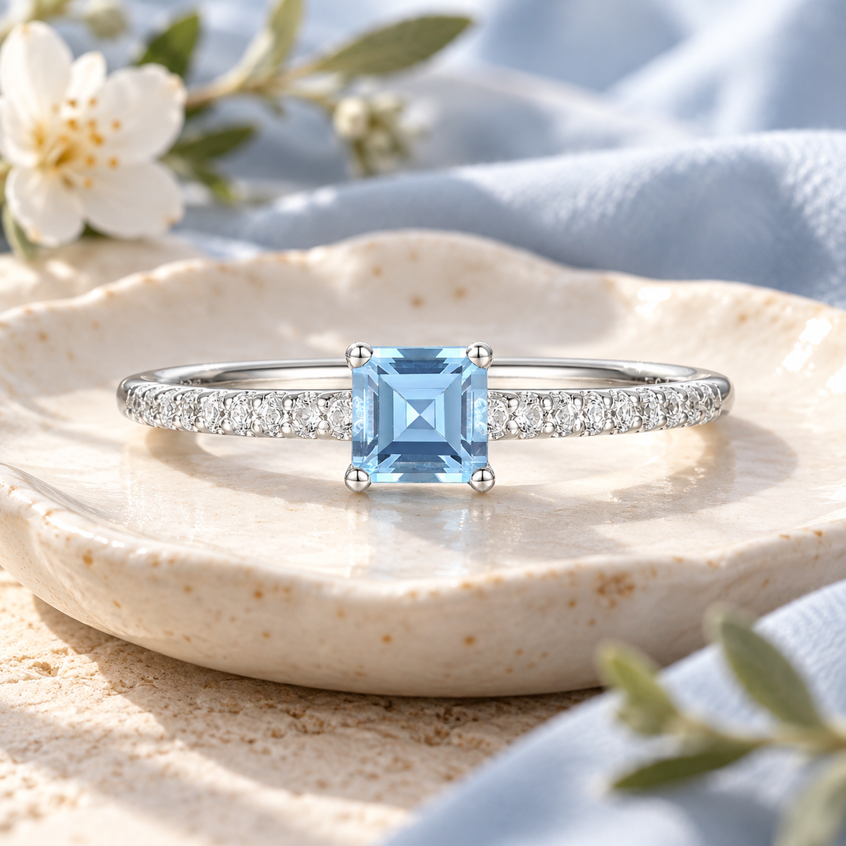 Sterling Silver Square Cut Gemstone and Diamond Accent Solitaire Ring