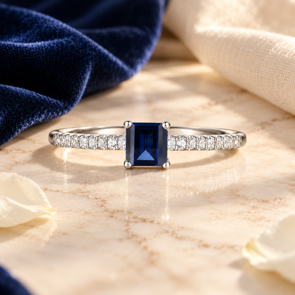 Sterling Silver Square Cut Gemstone and Diamond Accent Solitaire Ring