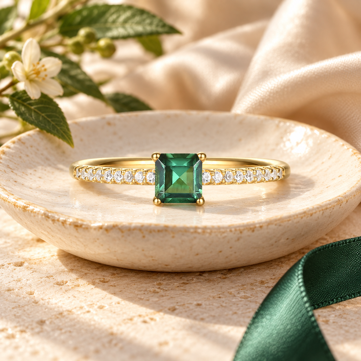 Sterling Silver Square Cut Gemstone and Diamond Accent Solitaire Ring - view 5