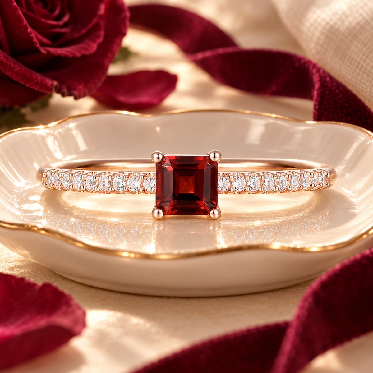 Sterling Silver Square Cut Gemstone and Diamond Accent Solitaire Ring